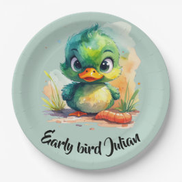 Early bird, kleine grüne Ente fängt den Wurm Pappteller