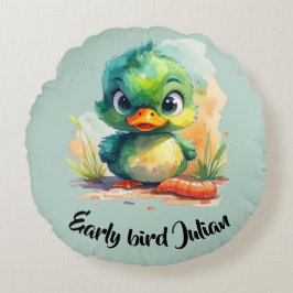 Early bird, kleine grüne Ente fängt den Wurm Rundes Kissen
