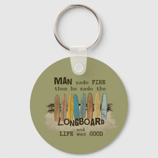 Early Man Surfing Spaß mit Langboard Schlüsselanhänger (Vorderseite)