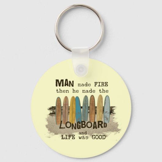 Early Man Surfing Spaß mit Langboard Schlüsselanhänger (Vorderseite)