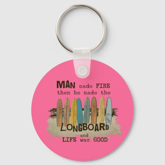 Early Man Surfing Spaß mit Langboard Schlüsselanhänger (Vorderseite)