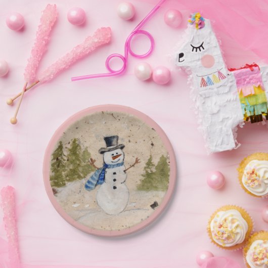 Early Winter SnowMan in Top Hat Waves Hallo Pappteller (Party)