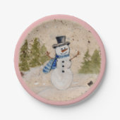 Early Winter SnowMan in Top Hat Waves Hallo Pappteller (Vorderseite)