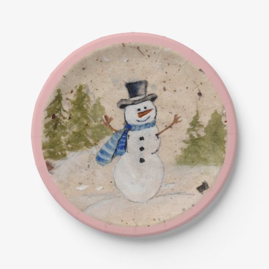 Early Winter SnowMan in Top Hat Waves Hallo Pappteller (Vorderseite)