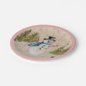 Early Winter SnowMan in Top Hat Waves Hallo Pappteller (Schrägansicht)