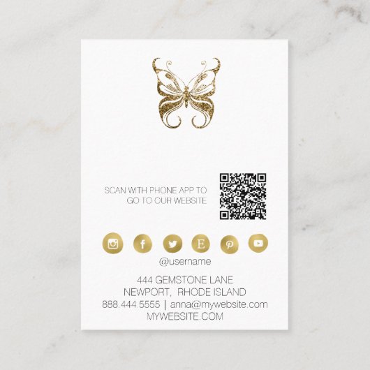 *~* EARRING ANZEIGEN QR Gold Glitzer Butterfly Bus Visitenkarte (Rückseite)