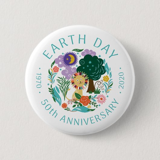 Earth Day 2020 50 Jahre Niedlicher Löwe und Natur Button (Vorderseite)