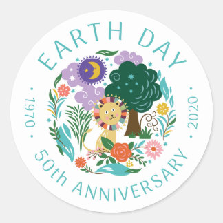 Earth Day 2020 50 Jahre Niedlicher Löwe und Natur Runder Aufkleber