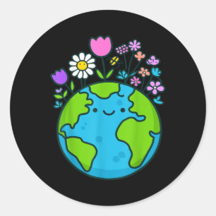 Earth Day 2025 Niedliche Erde mit Blumenmotiv Runder Aufkleber