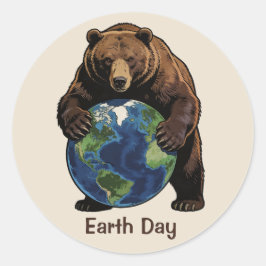 Earth Day Bär umarmt Planet Design Runder Aufkleber