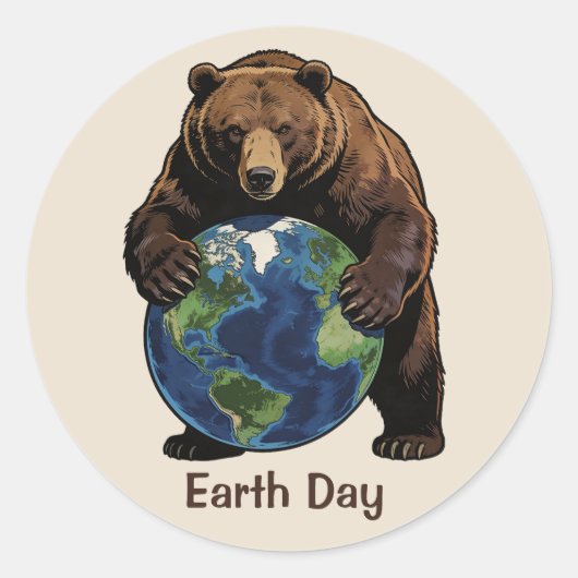 Earth Day Bear Hugging Planet Design Runder Aufkleber (Vorderseite)