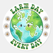 "Earth Day Every Day" Niedlicher Planet mit Daisy Runder Aufkleber (Vorderseite)