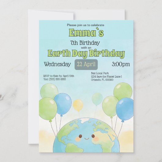 Earth Day Kids Birthday Einladung (Vorderseite)
