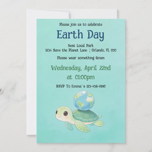 Earth Day-Schildkröte mit Globus Einladung (Vorderseite)