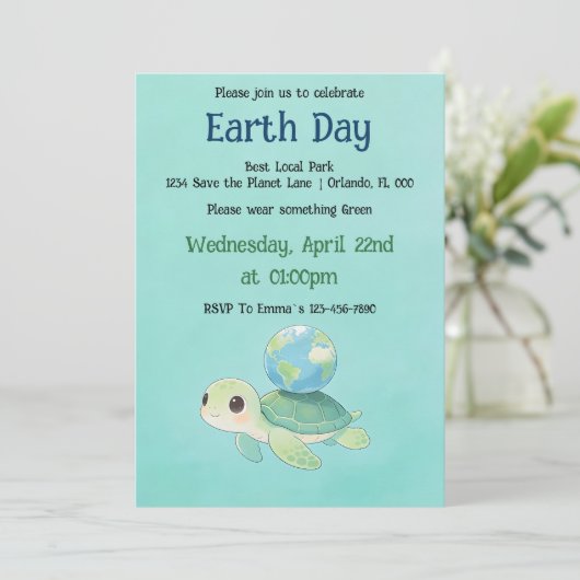 Earth Day Turtle with Globe Einladung (Stehend Vorderseite)