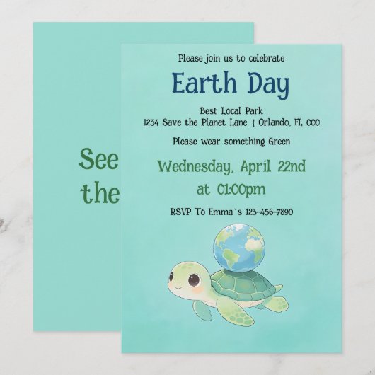 Earth Day Turtle with Globe Einladung (Vorne/Hinten)