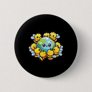 Earth Globe Bee Kawaii Bees Button