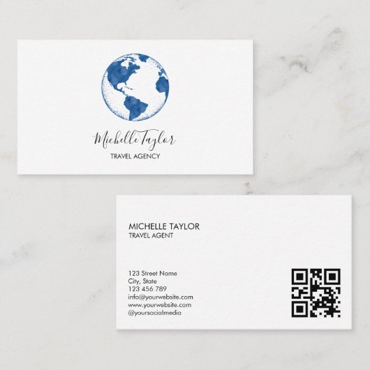 Earth Globe Word Map Reisebüro Agent QR Code Visitenkarte (Vorne/Hinten)