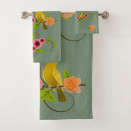 Earth Green - Bird & Yellow Rose Badhandtuch Set