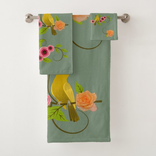 Earth Green - Bird & Yellow Rose Badhandtuch Set (Insitu)