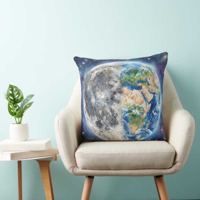 Earth & Moon Watercolor Galaxy Celestial Design Kissen (Stuhl )