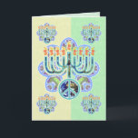 Earth Peace Menorah Chanukah Cards Feiertagskarte<br><div class="desc">Menorah mit Friedenssymbol im Erdmuster. Chanukah Design. Grün- und Gelbkarten - passen Sie Ihren Gruß ins Innere an.  Im Text steht "Happy Chanukah" — oder man kann sich auf alles ändern,  was man will.  Kunst auf jeder Seite.</div>