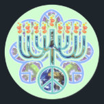 Earth Peace Menorah Stickers<br><div class="desc">Menorah mit Friedenssymbol im Erdmuster. Chanukah Design.</div>