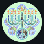 Earth Peace Menorah Stickers<br><div class="desc">Menorah mit Friedenssymbol im Erdmuster. Chanukah Design.</div>