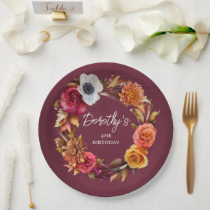 Earth Tone Burgundy Fall Blume 40. Geburtstag Pappteller
