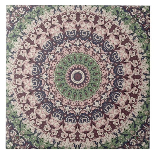 Earth Tone Green und Brown Mandala Pattern Fliese (Vorderseite)