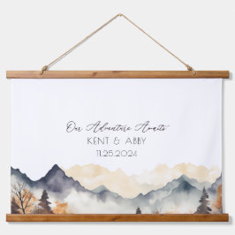 Earth Tone Mountain Watercolor Wedding Guest Book Wandteppich Mit Holzrahmen