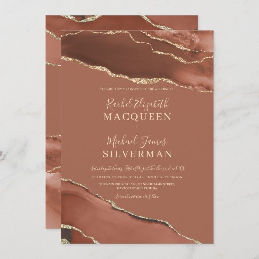Earth Tone Terracotta Gold Agate Marmorhochzeit Einladung (Vorne/Hinten)