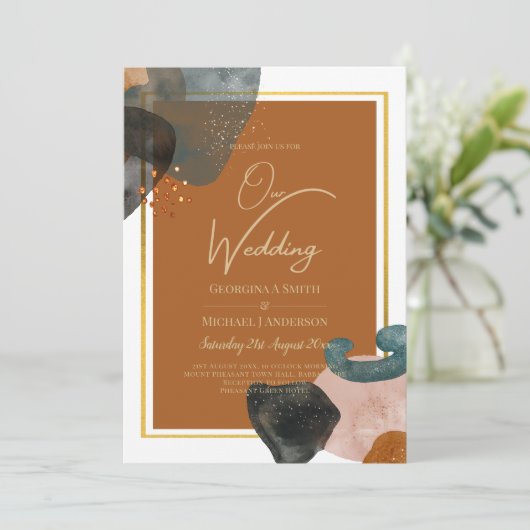 Earth Tones Wedding Terracotta Green Gold Abstrakt Einladung (Stehend Vorderseite)