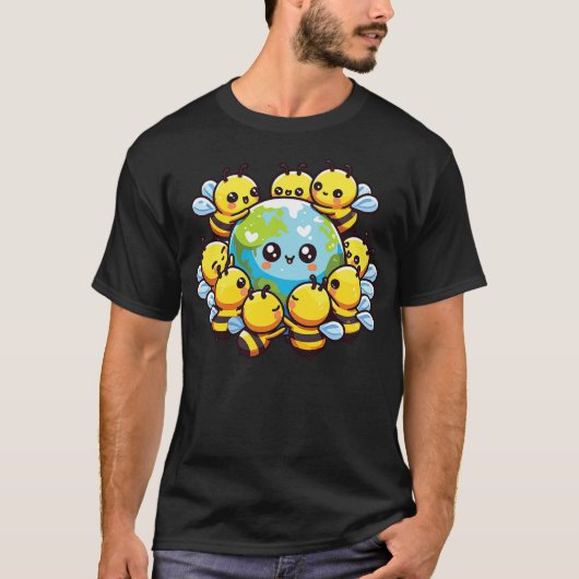 Earth World Globe Bee Kawaii Bees T-Shirt (Vorderseite)