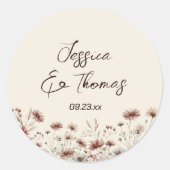 Earthtone Boho Wildblumen Couple's Names Wedding Runder Aufkleber (Vorderseite)