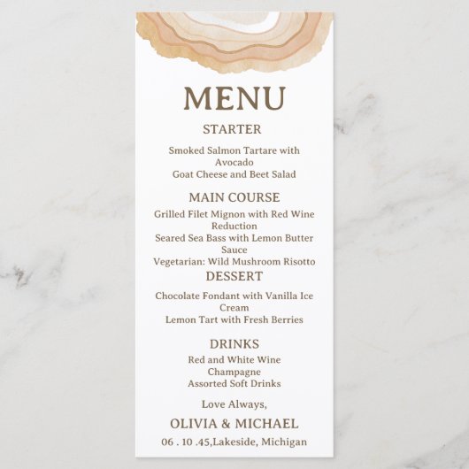 Earthy Abstract Watercolor Agate Wedding Menu Card Menükarte (Vorderseite)