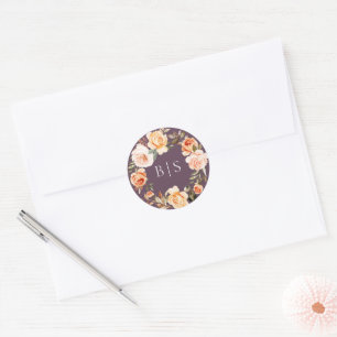 Earthy Autumn Floral Wreath Monogram Runder Aufkleber