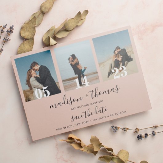 Earthy Beige Script 3 Foto Wedding Save the Date Magneteinladung