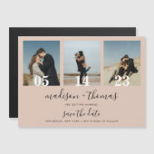 Earthy Beige Script 3 Foto Wedding Save the Date Magneteinladung (Vorne/Hinten)