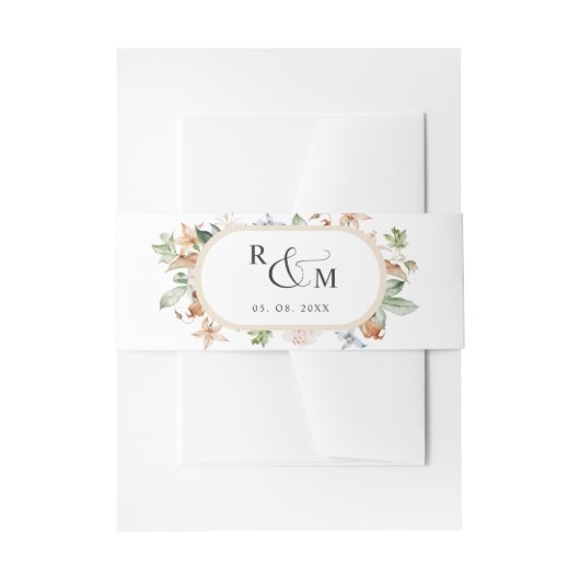 Earthy Blooms White Beige Oval Monogram Wedding Einladungsbanderole (Vorderseite Beispiel)