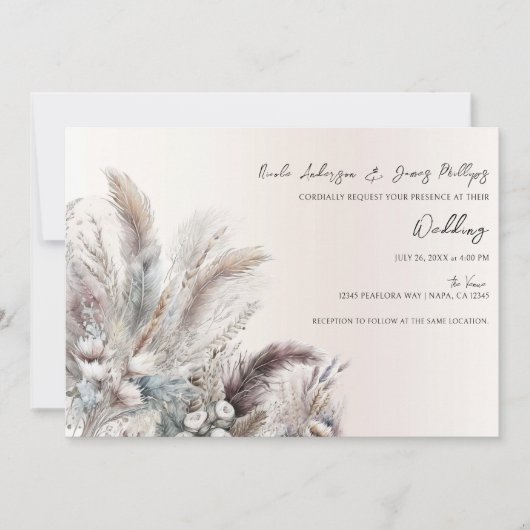 Earthy Bohemisch Floral Feathers Wedding Einladung (Vorderseite)