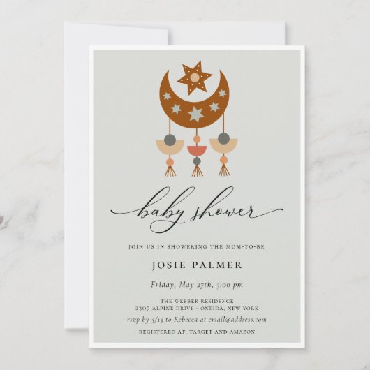 Earthy Bohemisch Moon Mobile Baby Dusche Einladung (Vorderseite)