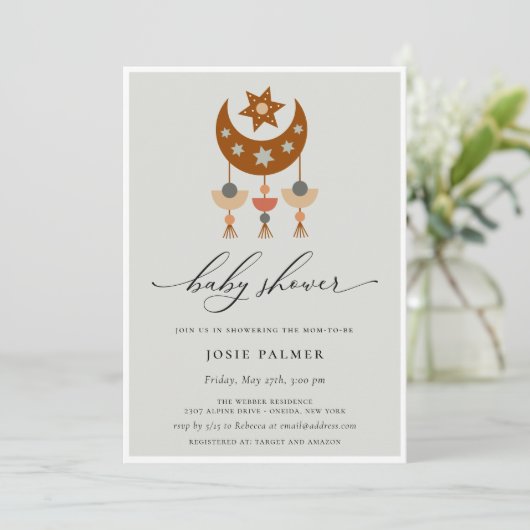 Earthy Bohemisch Moon Mobile Baby Dusche Einladung (Stehend Vorderseite)