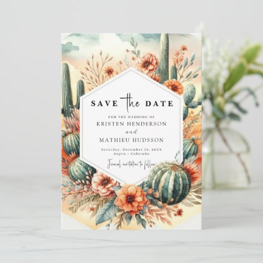 Earthy Boho Cactus Wedding Save The Date (Stehend Vorderseite)