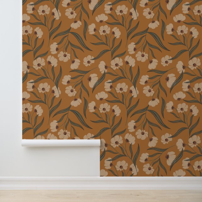 Earthy Boho Floral Copper Brown Wallpaper Tapete (Anwendung)