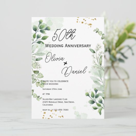 Earthy Boho Greenery Wedding Anniversary  Einladung (Stehend Vorderseite)