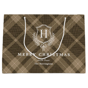 Earthy Brown Kariert Monogram Name Christmas Große Geschenktüte