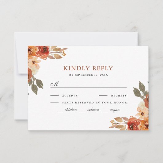 Earthy Burnt Orange Floral Terracotta Wedding RSVP Karte (Vorderseite)