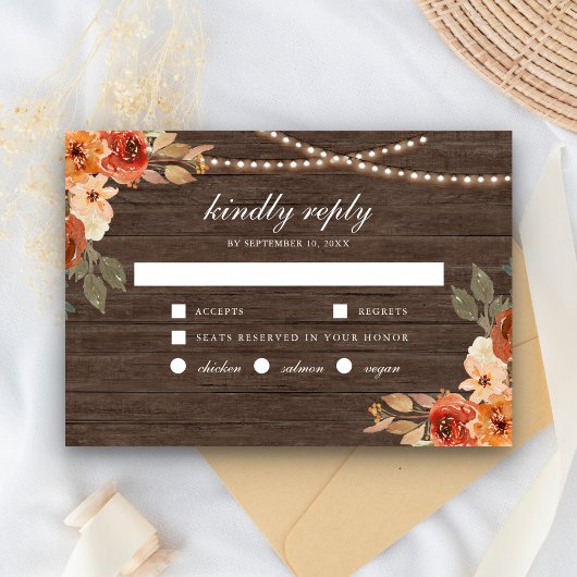 Earthy Burnt Orange Floral Wood Terracotta Wedding RSVP Karte