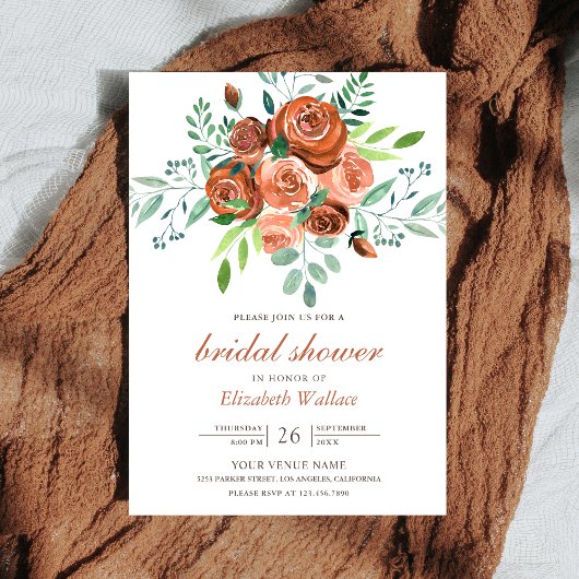 Earthy Burnt Orange Rose Bouquet Brautparty Einladung